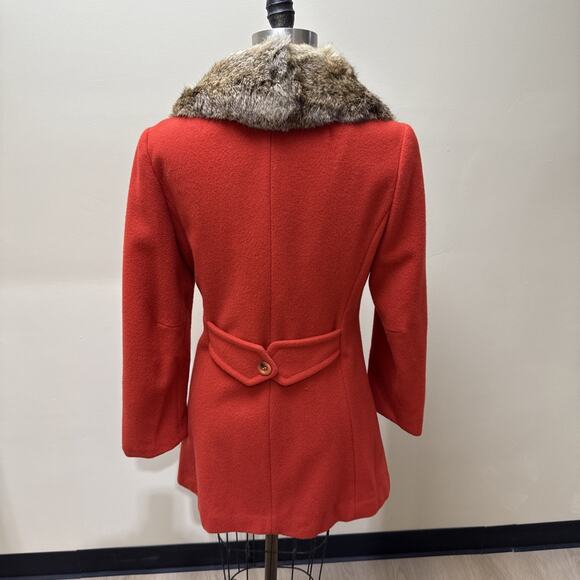 VTG 60s Orange Wool Coat Real Rabbit Fur Collar Double Breasted Union Made USA - Picture 2 of 9